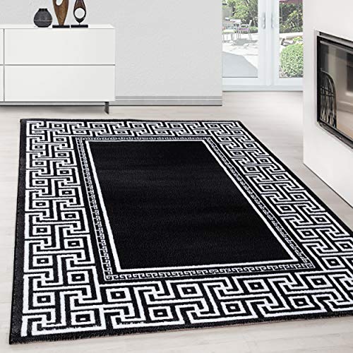 Teppium Moderner Kurzflor Teppich Läufer Flur 80 x 150 cm Schwarz - Teppich Waschbar, Mäander-Design, Pflegeleicht und Weich - Ideal als Bettvorleger im Schlafzimmer und Küchenläufer von Teppium