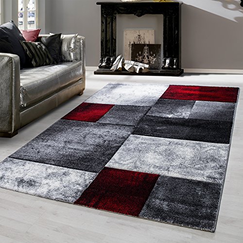 Teppium Moderner Kurzflor Teppich Läufer Flur 80 x 300 cm Rot - Konturenschnitt Teppich Waschbar, Kariert Design, Pflegeleicht und Weich - Ideal als Bettvorleger im Schlafzimmer und Küchenläufer von Teppium