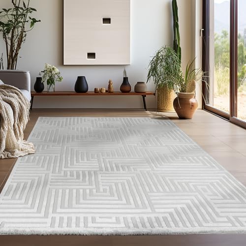 Teppium Moderner Kurzflor Teppich Wohnzimmer 120 x 170 cm Silber - 3D Boho Teppich Waschbar, Skandinavisches Stil, Geometrisch und Weich - für Schlafzimmer, Esszimmer oder Küche von Teppium