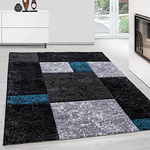 Teppium Moderner Kurzflor Teppich Wohnzimmer 120 x 170 cm Türkis - Konturenschnitt Teppich Waschbar, Kariert Design, Pflegeleicht und Weich - Ideal für Schlafzimmer, Esszimer und als Küchenteppich von Teppium