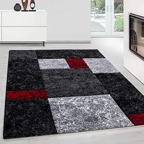 Teppium Moderner Kurzflor Teppich Wohnzimmer 140 x 200 cm Rot - Konturenschnitt Teppich Waschbar, Kariert Design, Pflegeleicht und Weich - Ideal für Schlafzimmer, Esszimer und als Küchenteppich von Teppium