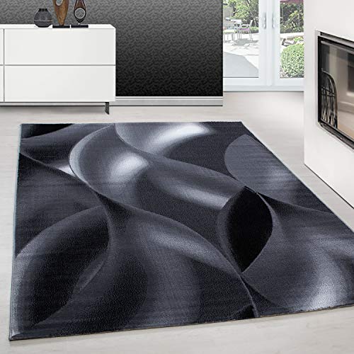 Teppium Moderner Kurzflor Teppich Wohnzimmer 140 x 200 cm Schwarz - Flauschiger Teppich Waschbar, Abstrakt Wellen Design, Pflegeleicht, Weich - Ideal für Schlafzimmer, Esszimer und als Küchenteppich von Teppium