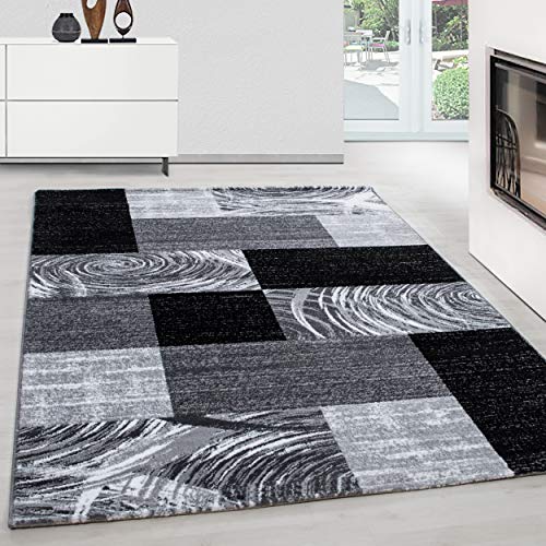 Teppium Moderner Kurzflor Teppich Wohnzimmer 140 x 200 cm Schwarz - Teppich Waschbar, Abstrakt Kariert Design, Pflegeleicht und Weich - Ideal für Schlafzimmer, Esszimer und als Küchenteppich von Teppium