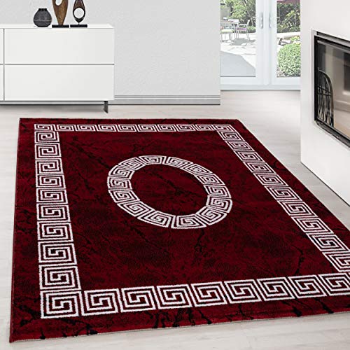 Teppium Moderner Kurzflor Teppich Wohnzimmer 200x300 (200 x 290 cm) Rot - Flauschiger Teppich Waschbar, Mäander-Design, Pflegeleicht, Weich - Ideal für Schlafzimmer, Esszimer und als Küchenteppich von Teppium