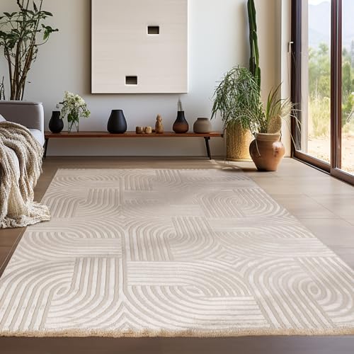 Teppium Moderner Kurzflor Teppich Wohnzimmer 250x350 (240 x 340 cm) Beige - 3D Boho Teppich Waschbar, Skandinavisches Stil, Geometrisch und Weich - für Schlafzimmer, Esszimmer oder Küche von Teppium