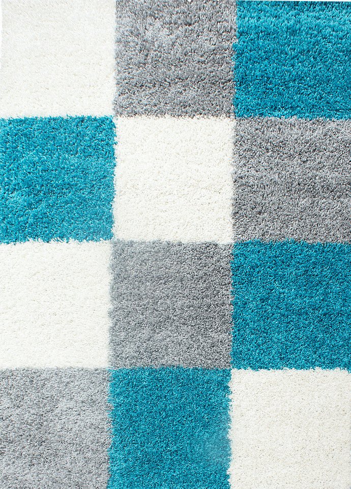 Teppium Teppich Kariert Design, Rechteckig, Höhe: 30 mm, Teppich Wohnzimmer Türkis Blau Kariert Design Modern Shaggy Langflor von Teppium