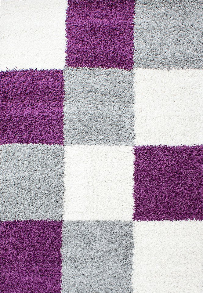 Teppium Teppich Kariert Design, Rechteckig, Höhe: 30 mm, Teppich Wohnzimmer Violett Kariert Design Modern Shaggy Langflor von Teppium