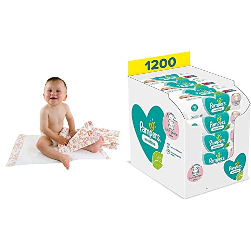 Teqler Baby-Wickelunterlagen: Wickelunterlagen mit verschiedenen Motiven für unterwegs, hygienisch mit Superabsorber 40 x 60cm (50-er Pack) & Pampers Sensitive Baby Feuchttücher, 1200 Tücher (15 x 80) von Teqler