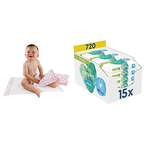 Teqler Baby-Wickelunterlagen: Wickelunterlagen mit verschiedenen Motiven für unterwegs 40 x 60 cm (50-er Pack) & Pampers Harmonie Aqua Baby Feuchttücher Box, 720 Tücher (15 x 48) von Teqler