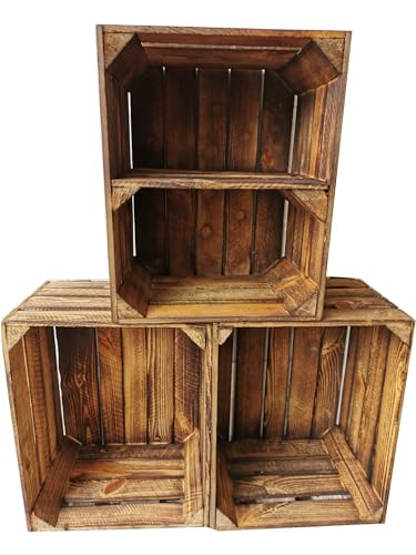 Alte geflammte Obstkisten/Holzkisten 50 x 40 x 30cm in vielen Variationen -Ideal zum Möbelbau oder zur Aufbewahrung- Sehr massiv und stabil verarbeitet (3er Set / 1 Boden Quer) von Teramico