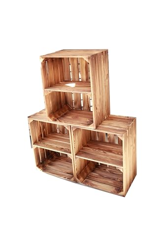 Teramico Flambierte Holzkisten als Bücherregal/Regalkisten 50 x 40 x 30cm mit Ablagefach/Mittelbrett - massiv und stabil (3) von Teramico