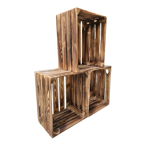 Geflammte Holzkisten Weinkisten Obstkisten mit Mittelbrett/Zwischenbrett Ablage für Aufbwahrung Schuhregal (50er / 3er Set, Ohne Ablage) von Teramico