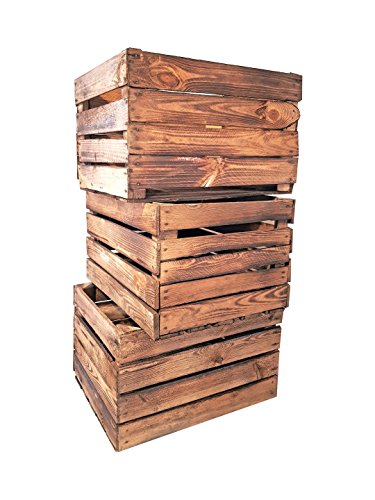 Geflammte Holzkisten im Set-Angebot: Originale, vintage Obstkisten Apfelkisten aus dem alten Land zum Möbelbau oder Dekoration mit den Maßen 50 x 40 x 30cm (3er Set) von Teramico