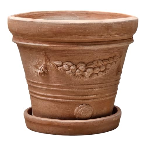 Pflanzgefäß Blumentopf Übertopf inklusive Teller konisch rund mit Girlande Festonato Echtes Terrakotta -Handarbeit- ABSOLUT FROSTFEST (45cm) von Teramico