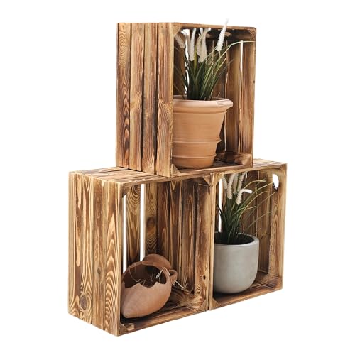 Teramico Holzkiste 50 x 40 x 30cm - Vintage-Look geflammt - Weinkiste Obstkiste Set Dekoration (3er Set, Ohne Ablage) von Teramico