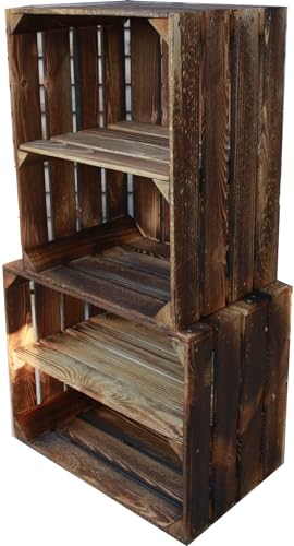 Teramico Holzkisten Obstkisten Weinkisten geflammt dunkel 50 x 40 x 30cm in tollen Set-Angeboten als Regal oder zur Aufbewahrung (2er Set | Lang und Kurz) von Teramico