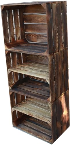 Teramico Holzkisten Obstkisten Weinkisten geflammt dunkel 50 x 40 x 30cm in tollen Set-Angeboten als Regal oder zur Aufbewahrung (3er Set | 2 x Boden Lang) von Teramico