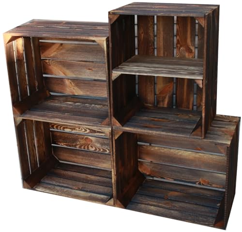 Teramico Holzkisten Obstkisten Weinkisten geflammt dunkel 50 x 40 x 30cm in tollen Set-Angeboten als Regal oder zur Aufbewahrung (4er Set | 1 x Boden Kurz) von Teramico