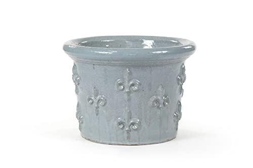 Teramico Pflanzgefäß Blumentopf Übertopf Keramik Modell Fleur de LYS 30cm absolut frostfest blau grau weiß (Grau-Blau) von Teramico