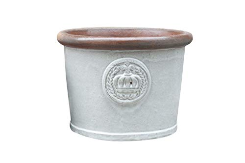 Teramico Pflanzgefäß Blumentopf Übertopf Krone Steinzeug glasiert Weiß Grau 34cm 45cm absolut Frostfest und witterungsbeständig (Grau-Weiß, 45cm x 34cm) von Teramico
