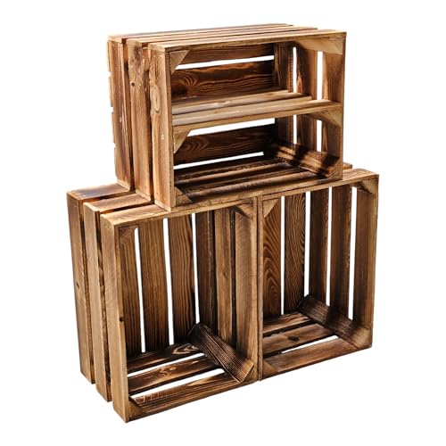 Teramico Vintage Holzkisten 40 x 30 x 25cm geflammt | Weinkisten & Obstkisten | Set-Angebote (3er Set mit Boden Lang) von Teramico