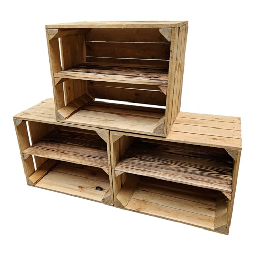 Teramico Vintage gebrauchten Holzkisten/Obstkisten/Weinkisten original aus dem Obstanbau mit Ablagefach geflammt 50 x 40 x 30cm (3 x Ablage Lang) von Teramico