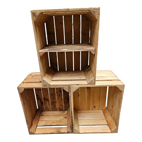 Teramico Vintage gebrauchten Holzkisten/Obstkisten/Weinkisten original aus dem Obstanbau mit Ablagefach geflammt 50 x 40 x 30cm (3er Set | 1 x Ablage Kurz) von Teramico