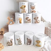 Personalisierte Spardose Kind - Geschenk Geburt Taufe Geburtstag Name Aquarell Tiere Geldgeschenk Baby Keramik Sparbüchse von TerasworldDE