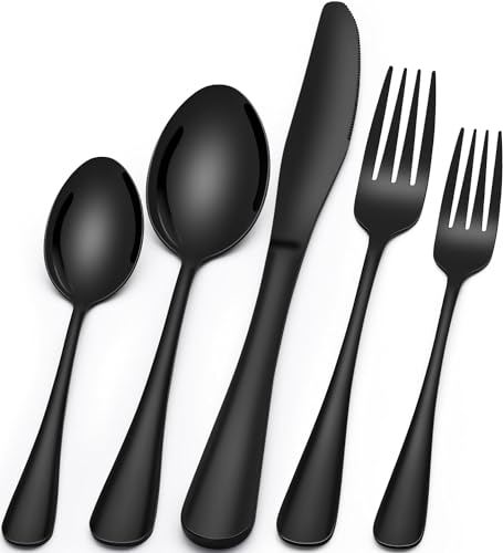 Besteck Set 6 Personen Schwarz, 30 teilig Edelstahl Besteckset, Essbesteck Set mit Messer Gabel Löffel, Hochwertiges Edelstahlbesteck, Hochglanzpoliert & Spülmaschinenfest von Terlulu
