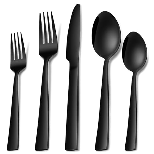 Besteck Set Schwarz, 30-teiliges Besteckset für 6 Personen mit Messer Gabel Löffel, Edelstahl Essbesteck für Familie/Party/Hotel/Restaurant, Spiegelpoliert & Spülmaschinenfest von Terlulu