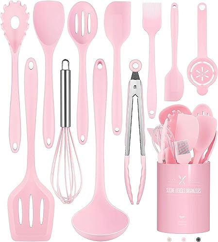 Küchenhelfer Set, 12-teiliges Silikon Kochutensilien Kochbesteck Set, Hitzebeständiger Kochgeschirr mit Utensilienhalter, Antihaft Kochset Küchenutensilien, Spülmaschinenfest - Rosa von Terlulu