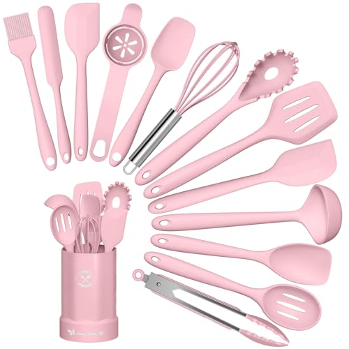 Küchenhelfer Set, 14-teiliges Silikon Kochutensilien Kochbesteck Set, Hitzebeständiger Kochgeschirr mit Utensilienhalter, Antihaft Kochset Küchenutensilien, Spülmaschinenfest - Rosa von Terlulu