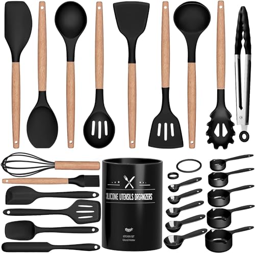 Küchenhelfer Set, 26 Stück Silikon Kochutensilien Kochbesteck , Hitzebeständiger Kochgeschirr mit Utensilienhalter, Antihaft Kochset Küchenutensilien mit Holzgriff, Tongs, Whisk, Spatula - Schwar von Terlulu