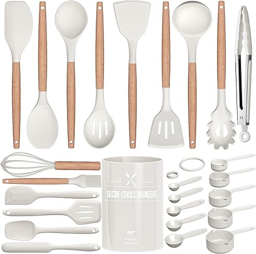 Küchenhelfer Set, 26 Stück Silikon Kochutensilien Kochbesteck Set, Hitzebeständiger Kochgeschirr mit Utensilienhalter, Antihaft Kochset Küchenutensilien mit Holzgriff, Tongs, Whisk, Spatula - weiß von Terlulu