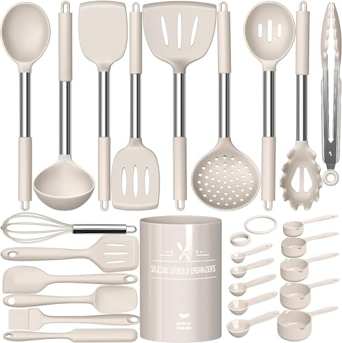 Küchenhelfer Set, 26teiliges Silikon Kochutensilien Kochbesteck Set, Hitzebeständiger Kochgeschirr mit Utensilienhalter, Antihaft Kochset Küchenutensilien mit Edelstahlgriff, Spülmaschinenfest - Khaki von Terlulu