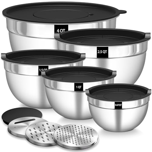 Terlulu Rührschüssel 5er Set, Edelstahl Schüssel Salatschüssel Set mit Luftdichtem Deckel, 3 Reibenaufsätzen, 4.5L,2.7L, 1.6L, 1.1L, 0.7L, Stapelbar & Spülmaschinenfest von Terlulu