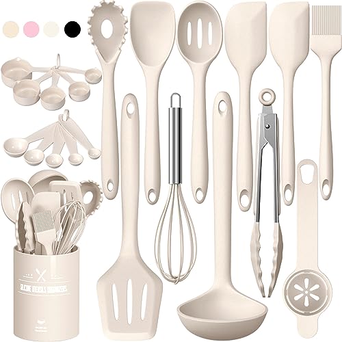 Silikon Küchenhelfer Set, 22 Stück Kochutensilien Kochgeschirr, Hitzebeständiger Kochbesteck Set mit Utensilienhalter, Gesund & Antihaft, Spülmaschinengeeigne - Khaki von Terlulu