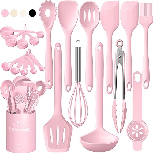 Silikon Küchenhelfer Set, 22 Stück Kochutensilien Kochgeschirr, Hitzebeständiger Kochbesteck Set mit Utensilienhalter, Gesund & Antihaft, Spülmaschinengeeigne - Rosa von Terlulu