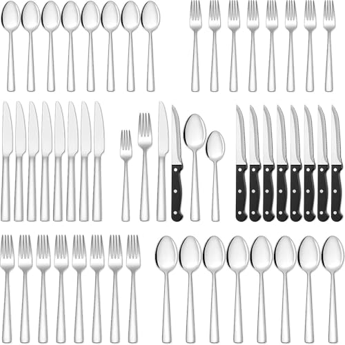 Terlulu 36 teiliges Edelstahl Besteckset mit Steakmesser, Besteck Set 6 Personen, Elegantes Essbesteck Set mit Messer Gabel Löffel, Tafelbesteck für Haus/Party/Restaurant, Spülmaschinenfest von Terlulu