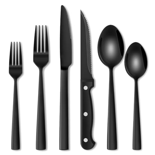 Terlulu 36 teiliges Edelstahl Besteckset mit Steakmesser Schwarz, Besteck Set 6 Personen, Elegantes Essbesteck Set mit Messer Gabel Löffel, Tafelbesteck für Haus/Party/Restaurant, Spülmaschinenfest von Terlulu