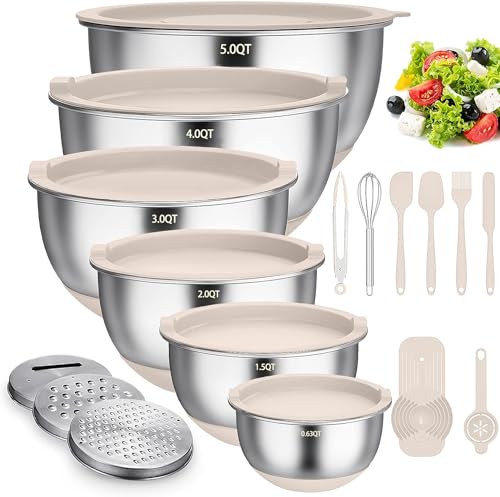 Terlulu Rührschüssel 6er Set, Edelstahl Schüssel Salatschüssel Set mit Deckel & Silikonboden, 3 Reibenaufsätzen, 4.7l/3.8l/2.8l/1.9l/1.4l/0.6l, Rutschfest & Stapelbar - Khaki von Terlulu