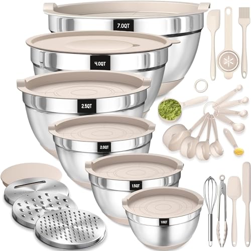 Terlulu Rührschüssel 6er Set, Edelstahl Schüssel Salatschüssel mit Luftdichtem Deckel & Silikonboden, 3 Reibenaufsätzen, Schüsselset zum Backen/Servieren, 6.6 L/3.8 L/2.4 L/1.9 L/1.4 L/0.6 L - Khaki von Terlulu