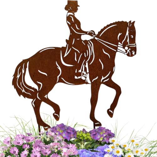 Terma Dressurpferd Gartenstecker mit Reiter – Pferdefigur aus Metall im Rost-Look – Edelrost Gartendeko 45 cm hoch – Geschenk für Reitsportfans von Terma