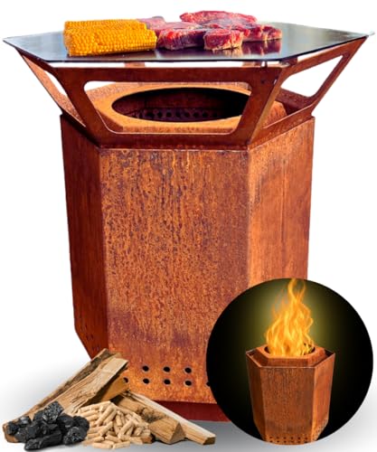 Terma 2IN1 Rost Feuerstelle mit Feuerplatte Fast Rauchfreie Holzbefeuert für Terrasse & Garten Made in Germany Holzkohlegrill Raucharme Feuerstelle BBQ Heizfeuerstelle Feuerring Grillplatte von Terma