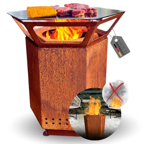 Terma 2IN1 Smofree klein Massive rost Patina Feuerstelle inkl. Feuerplatte Raucharm Größe 63x76 cm für Terrasse & Garten Made in Germany Holzkohlegrill Fast rauchfrei Feuerkorb von Terma