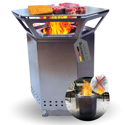 Terma 2IN1 Smofree 2.0 XXL Feuerstelle Edelstahl inkl Feuerplatte Raucharm Größe 75x88 cm für Terrasse & Garten Made in Germany Holzkohlegrill Fast rauchfrei Feuerkorb von Terma