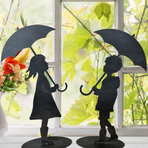 Terma Metall Figur Höhe 40cm Kinder mit Regenschirm zweier Set grau Made in Germany Gartenstecker Outdoor deko Herbstdeko Metallfigur winterdeko draußen Gartendeko Winter deko von Terma