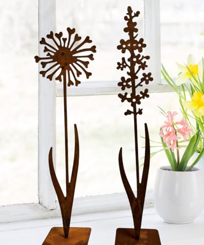 Terma Stahldesign Rost Figur Blumen Set 60cm mit Bodenplatte Handmade Germany Pusteblume für draußen und drinnen Gartendeko Frühling Rost Metall, rost außen von Terma