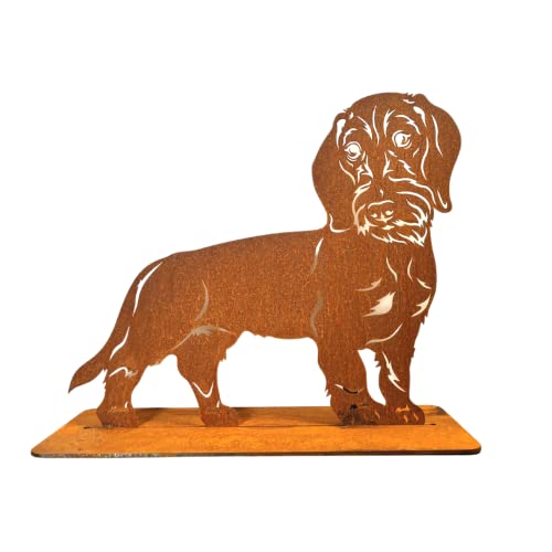 Terma Stahldesign Rost Hund Rauhaar Dackel Lebensgroß Handmade Germany tolle Gartendeko aus Metall Figur deko Geschenk Rostfigur Garten deko Gartenfigur, hundegrab deko von Terma