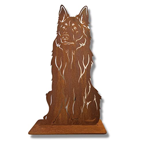 Terma Stahldesign Rost Hund Schäferhund Langhaar Lebensgroß Handmade Germany tolle Gartendeko aus Metall Figur deko Geschenk Rostfigur Garten deko Gartenfigur, hundegrab deko von Terma